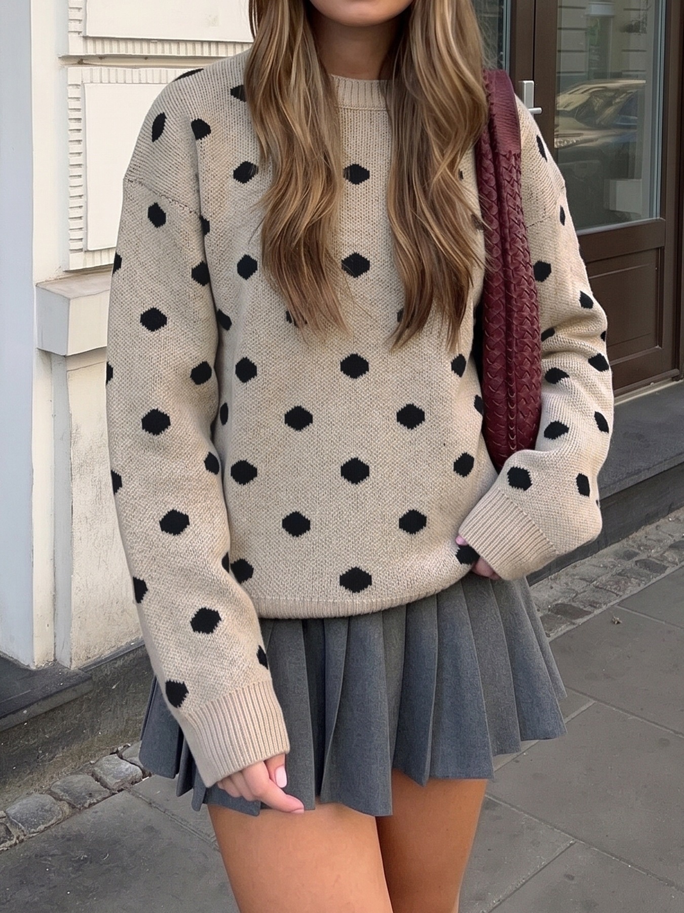 Beige Polka Dot Knit Crewneck Sweater