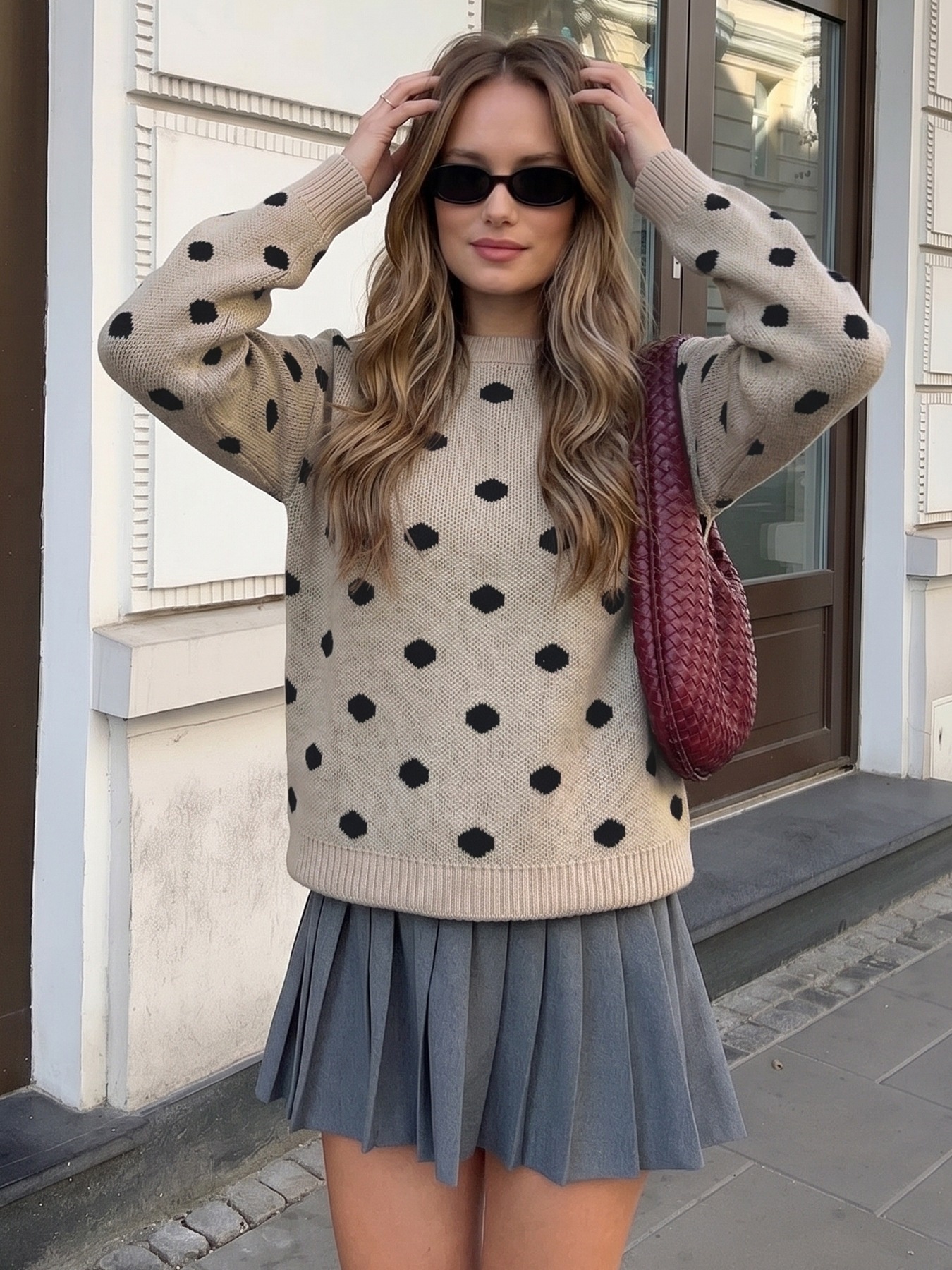 Beige Polka Dot Knit Crewneck Sweater