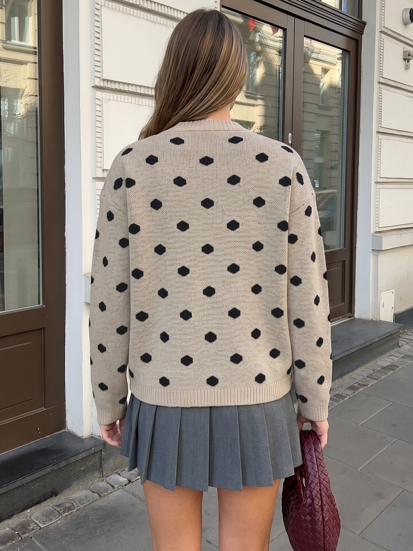 Beige Polka Dot Knit Crewneck Sweater