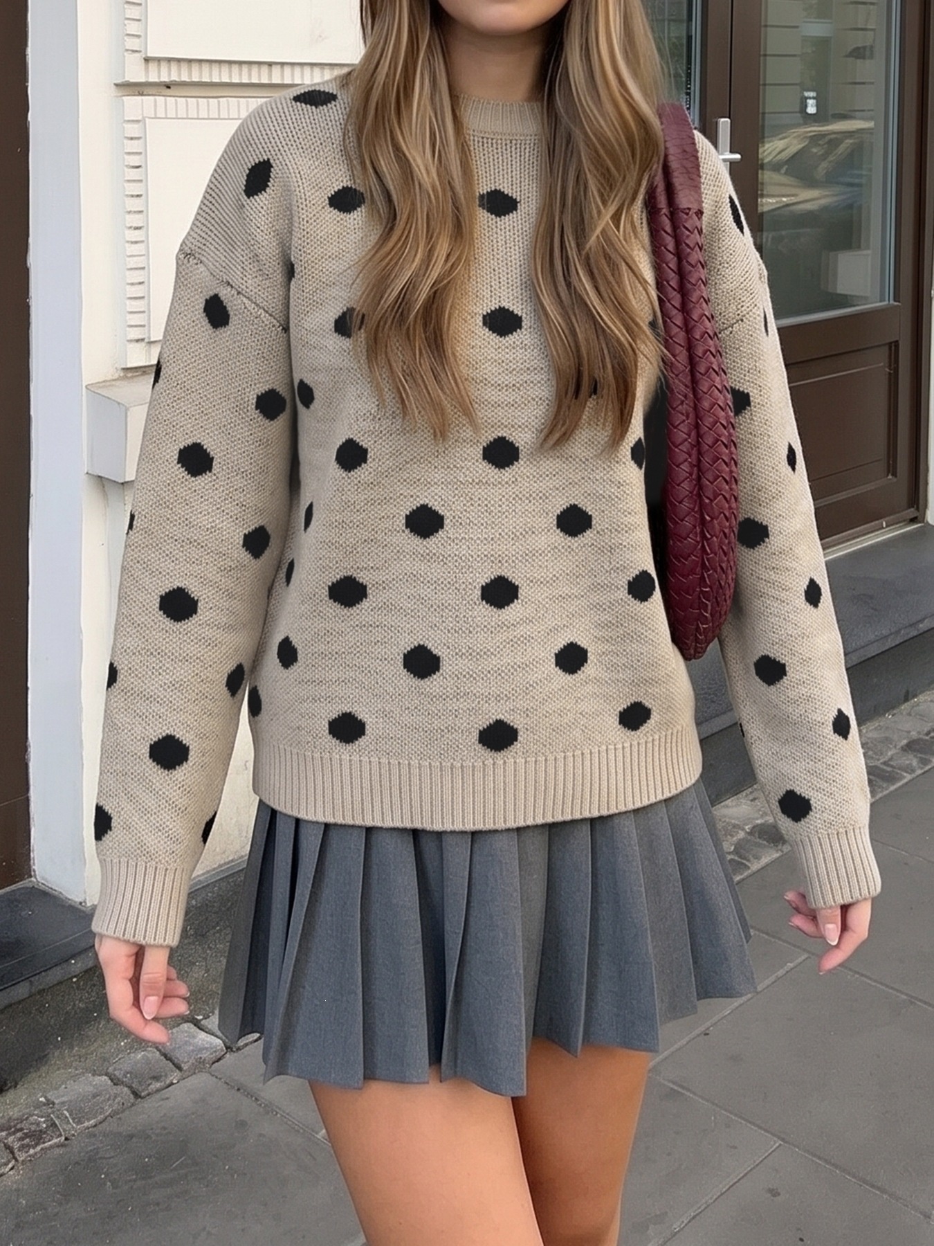 Beige Polka Dot Knit Crewneck Sweater