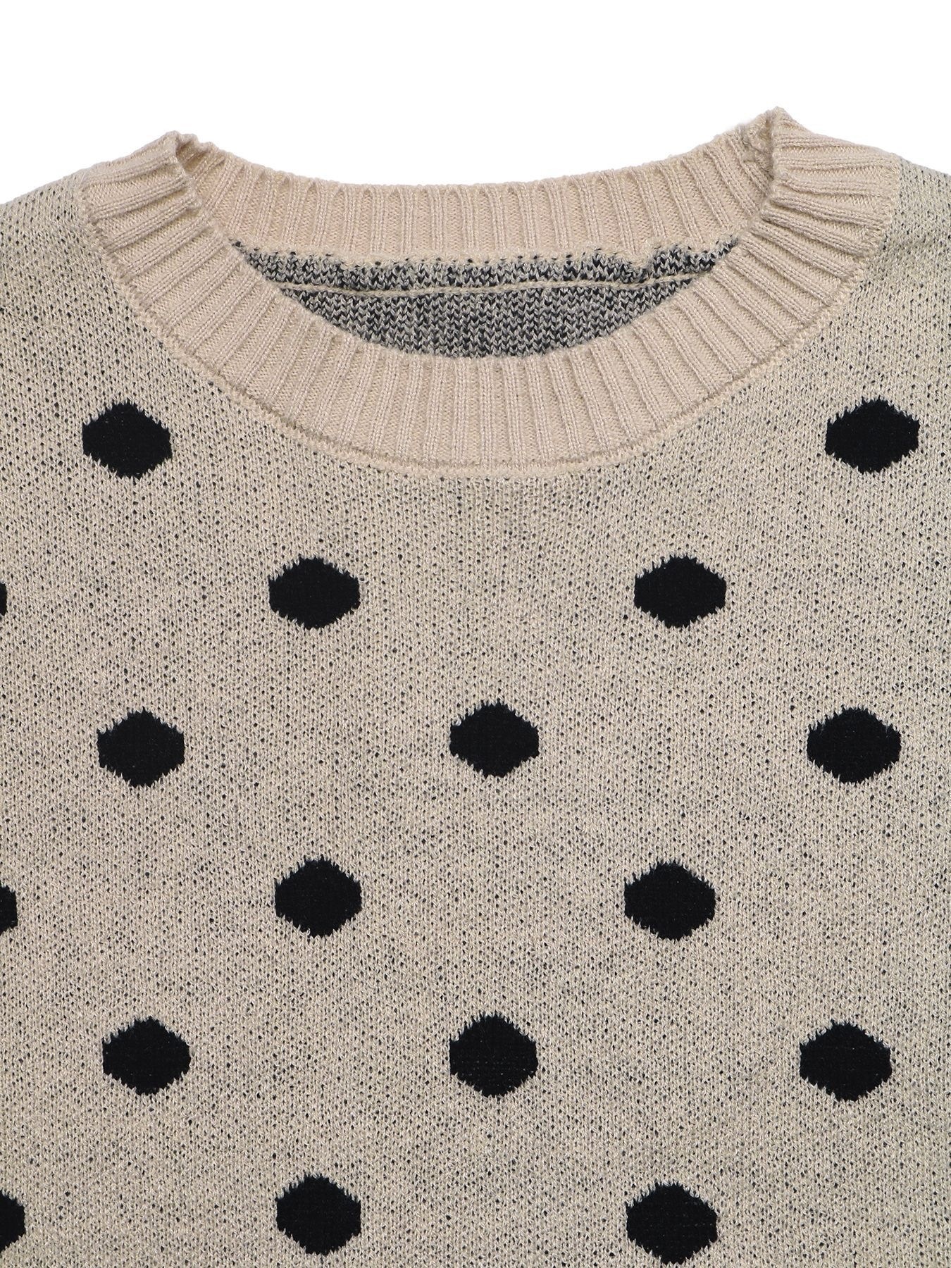 Beige Polka Dot Knit Crewneck Sweater