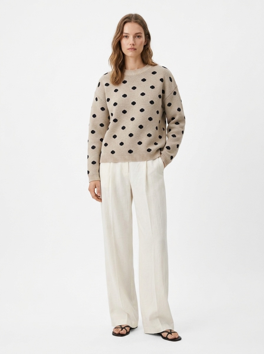 Beige Polka Dot Knit Crewneck Sweater