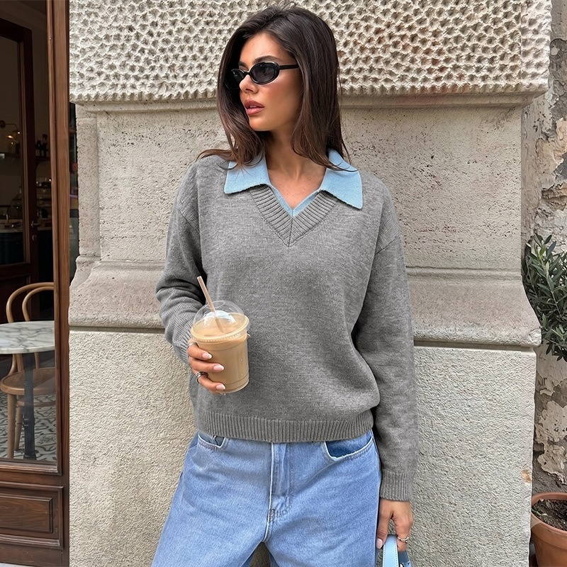 Women's Grey V-Neck Knit Sweater with Polo Collar