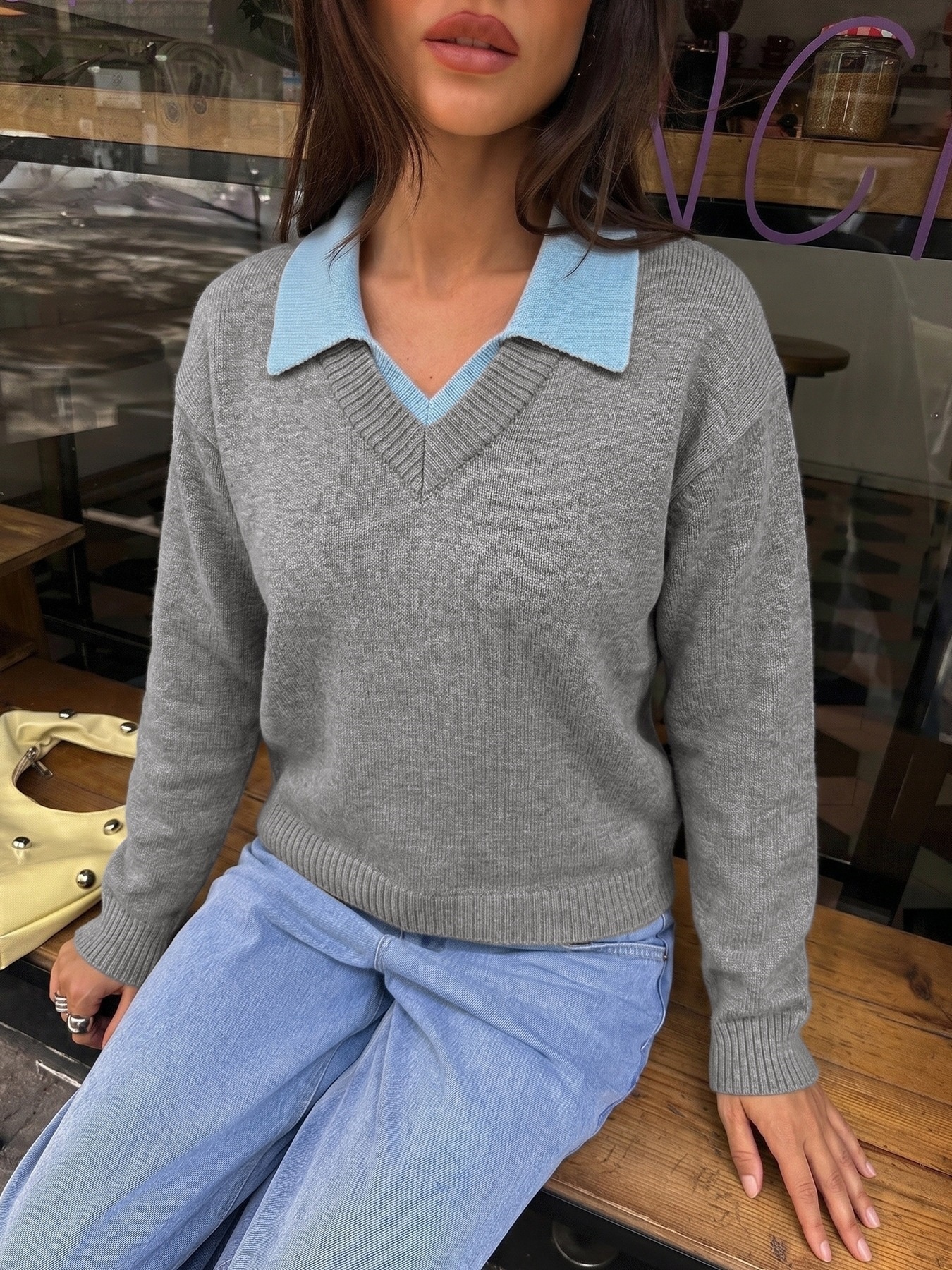 Women's Grey V-Neck Knit Sweater with Polo Collar