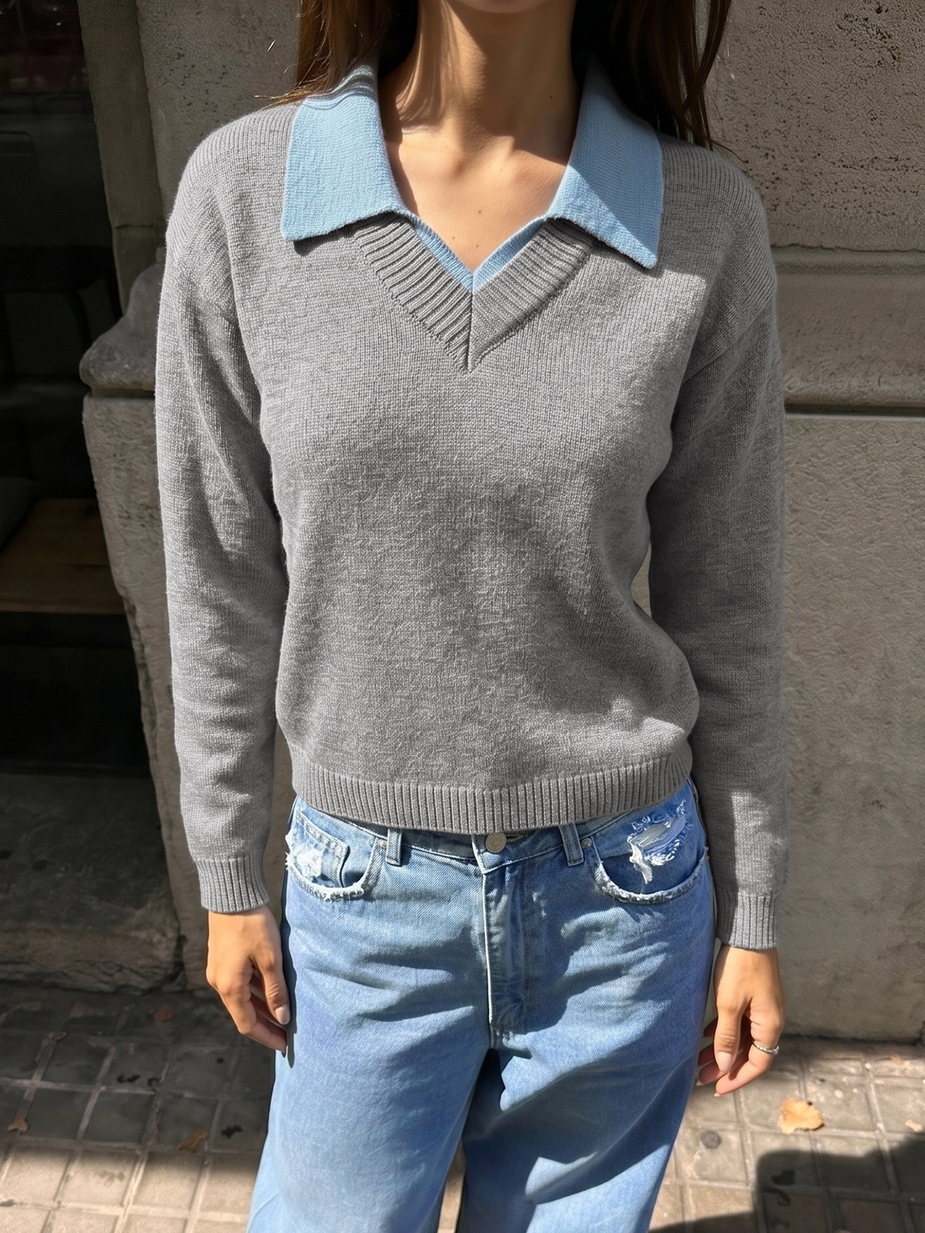 Women's Grey V-Neck Knit Sweater with Polo Collar