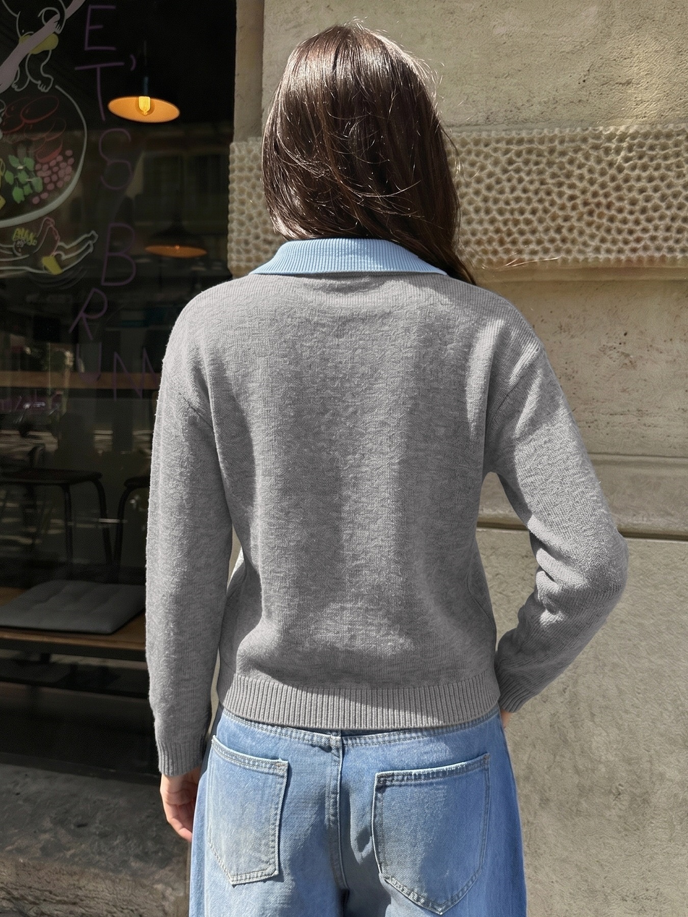 Women's Grey V-Neck Knit Sweater with Polo Collar