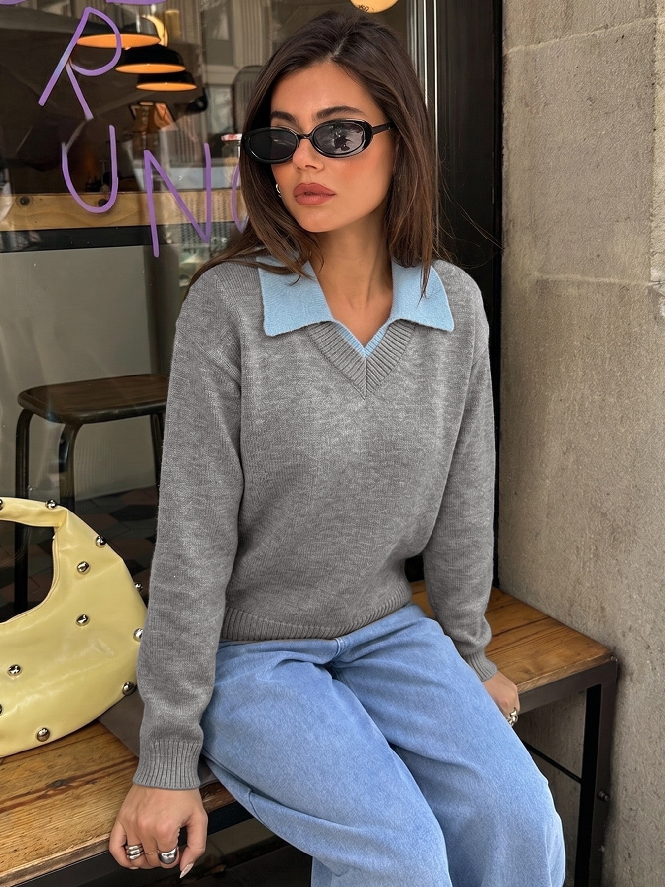 Women's Grey V-Neck Knit Sweater with Polo Collar