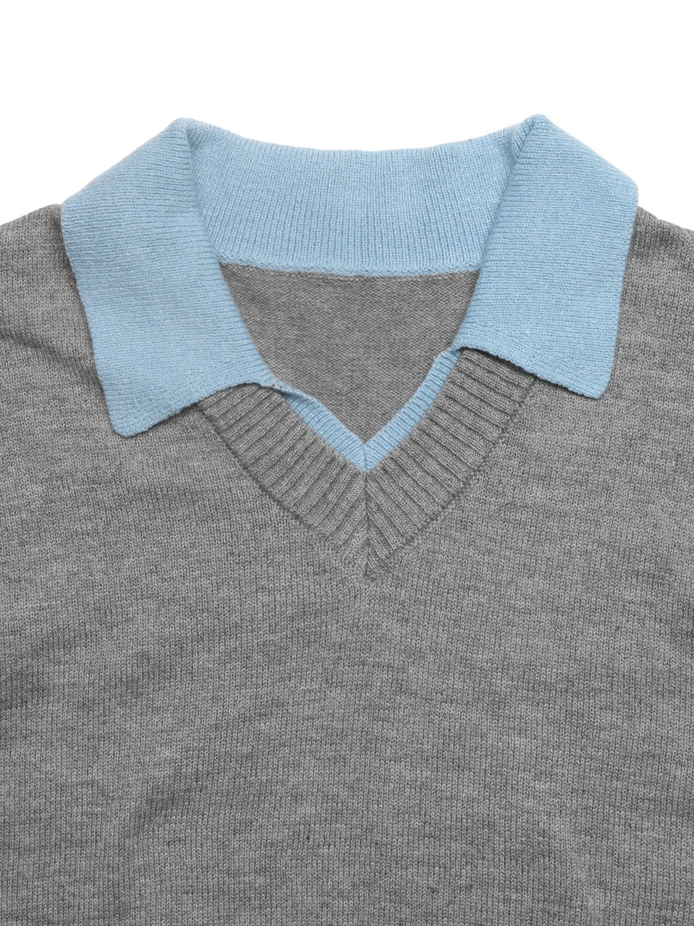 Women's Grey V-Neck Knit Sweater with Polo Collar