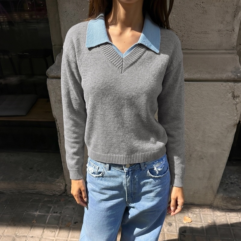 Women's Grey V-Neck Knit Sweater with Polo Collar