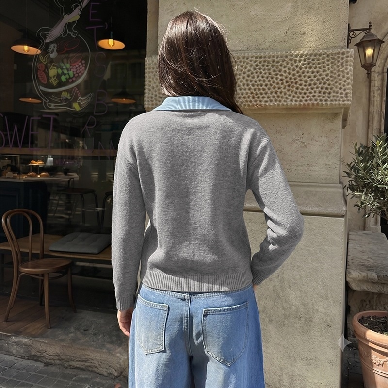 Women's Grey V-Neck Knit Sweater with Polo Collar