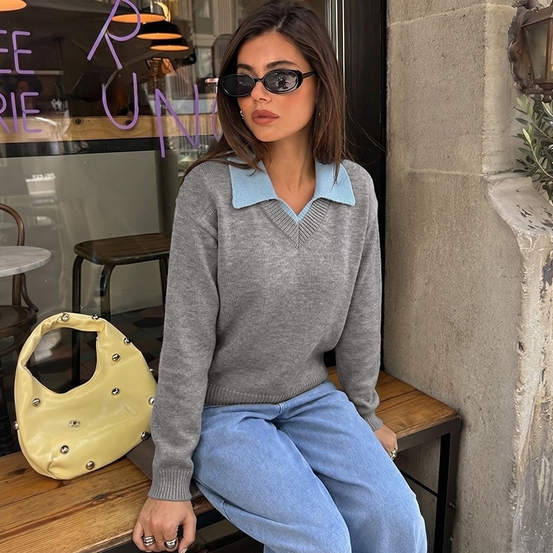Women's Grey V-Neck Knit Sweater with Polo Collar