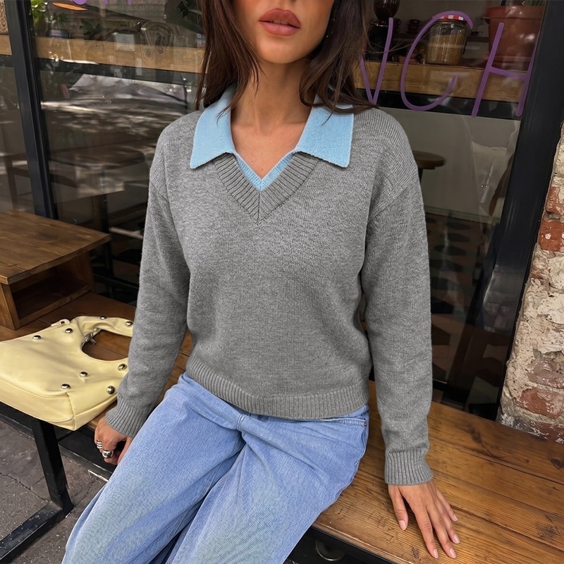 Women's Grey V-Neck Knit Sweater with Polo Collar