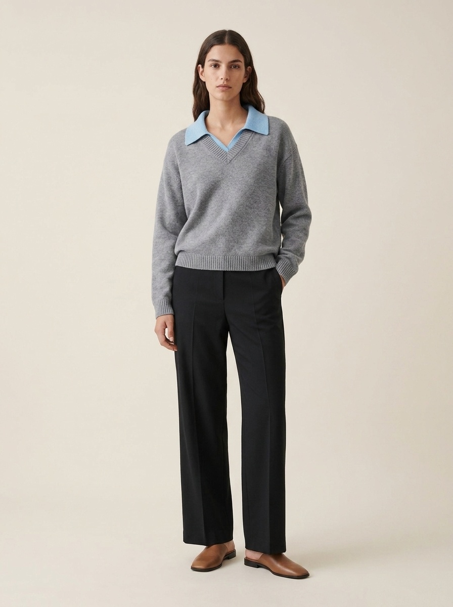 Women's Grey V-Neck Knit Sweater with Polo Collar