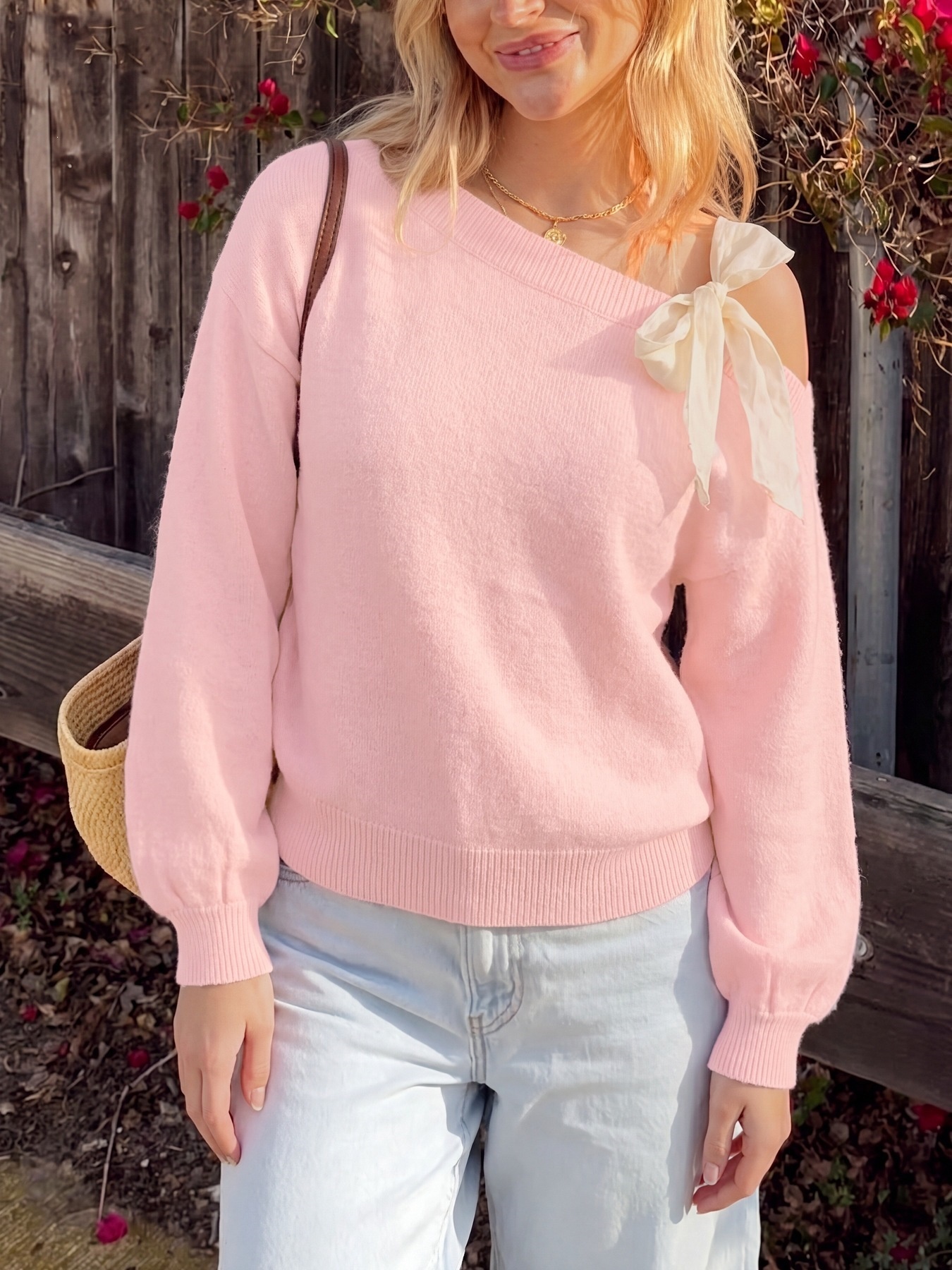 Women's One-Shoulder Tie Ribbon Knit Sweater