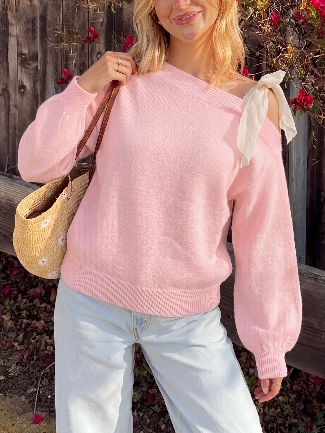 Women's One-Shoulder Tie Ribbon Knit Sweater