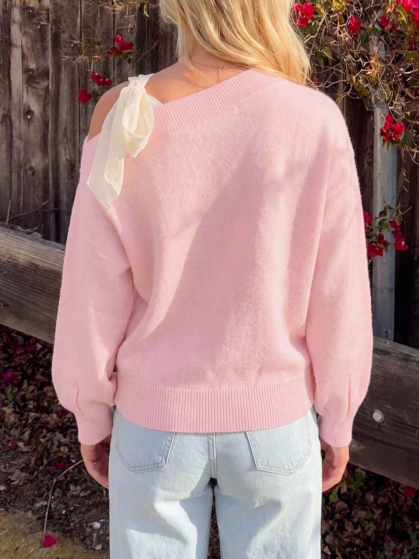 Women's One-Shoulder Tie Ribbon Knit Sweater