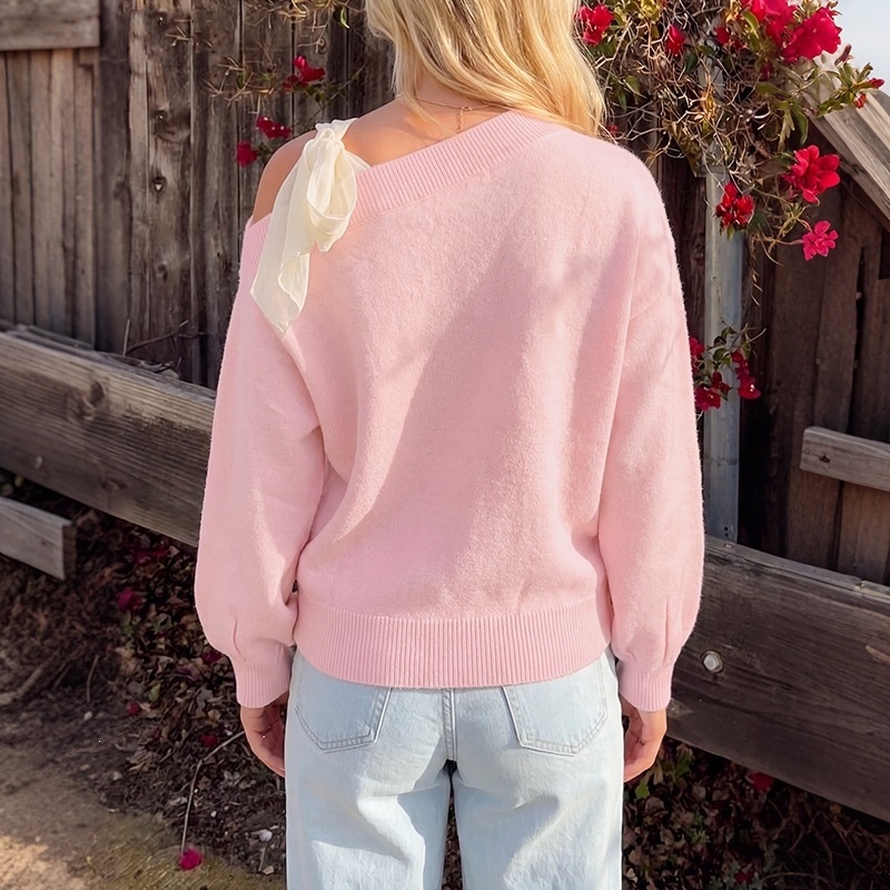 Women's One-Shoulder Tie Ribbon Knit Sweater