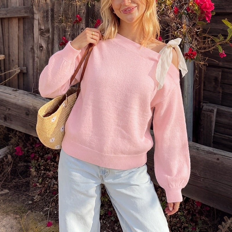 Women's One-Shoulder Tie Ribbon Knit Sweater