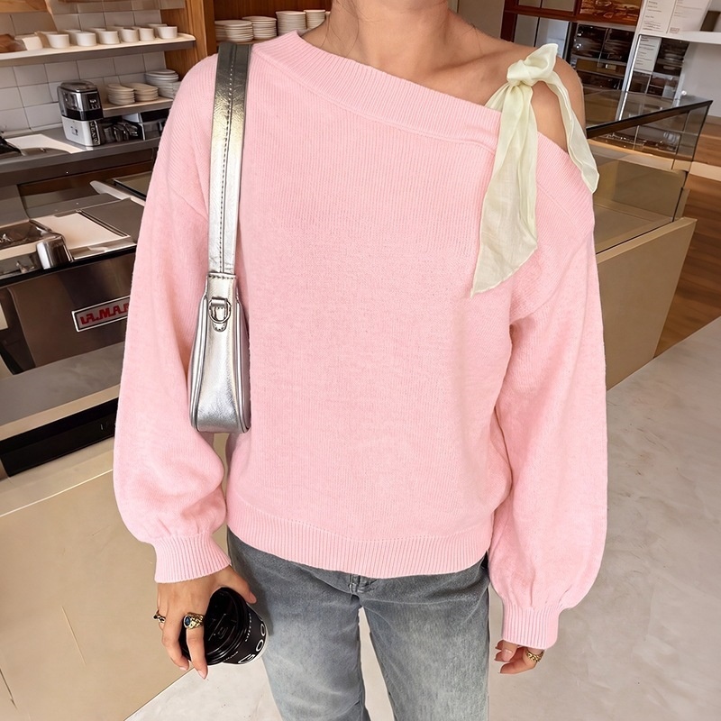 Women's One-Shoulder Tie Ribbon Knit Sweater