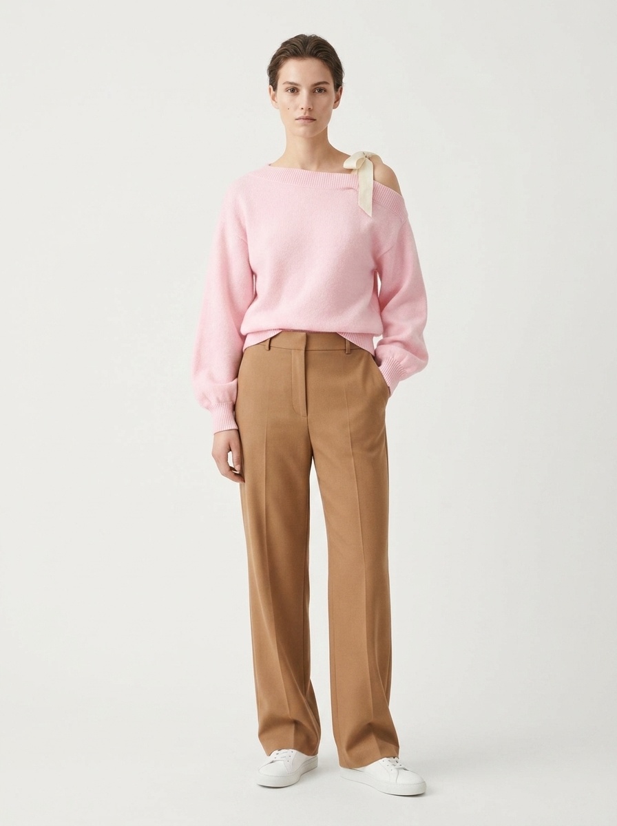 Women's One-Shoulder Tie Ribbon Knit Sweater