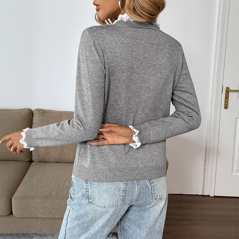 Women's Lace Trim Henley Knit Pullover Sweater