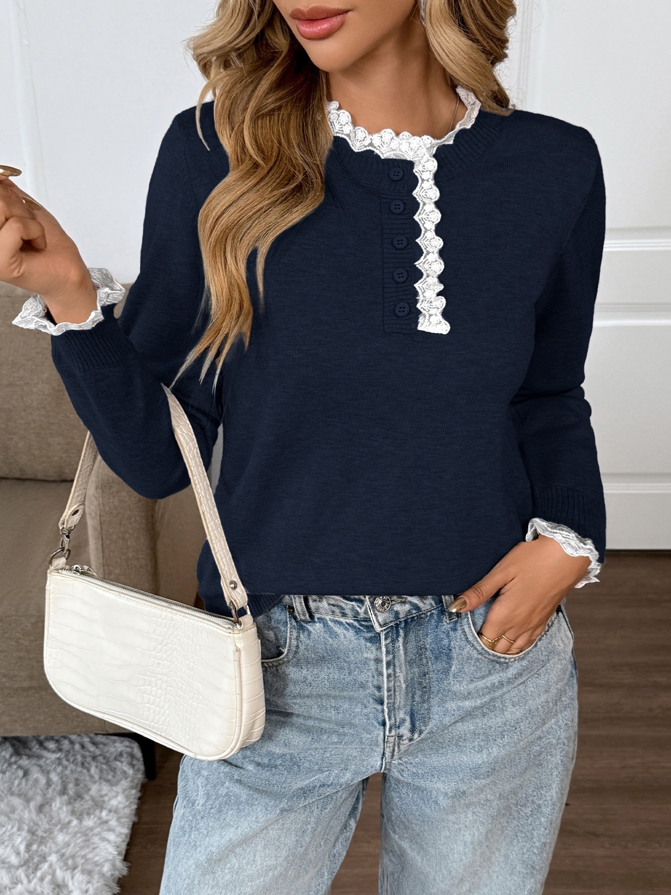 Women's Lace Trim Henley Knit Pullover Sweater