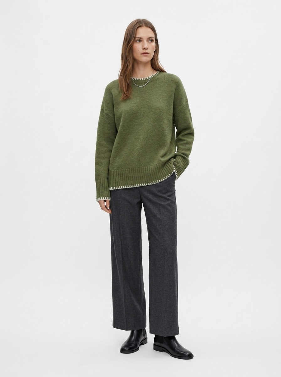 Women's Stitch Trim Knit Crewneck Pullover Sweater