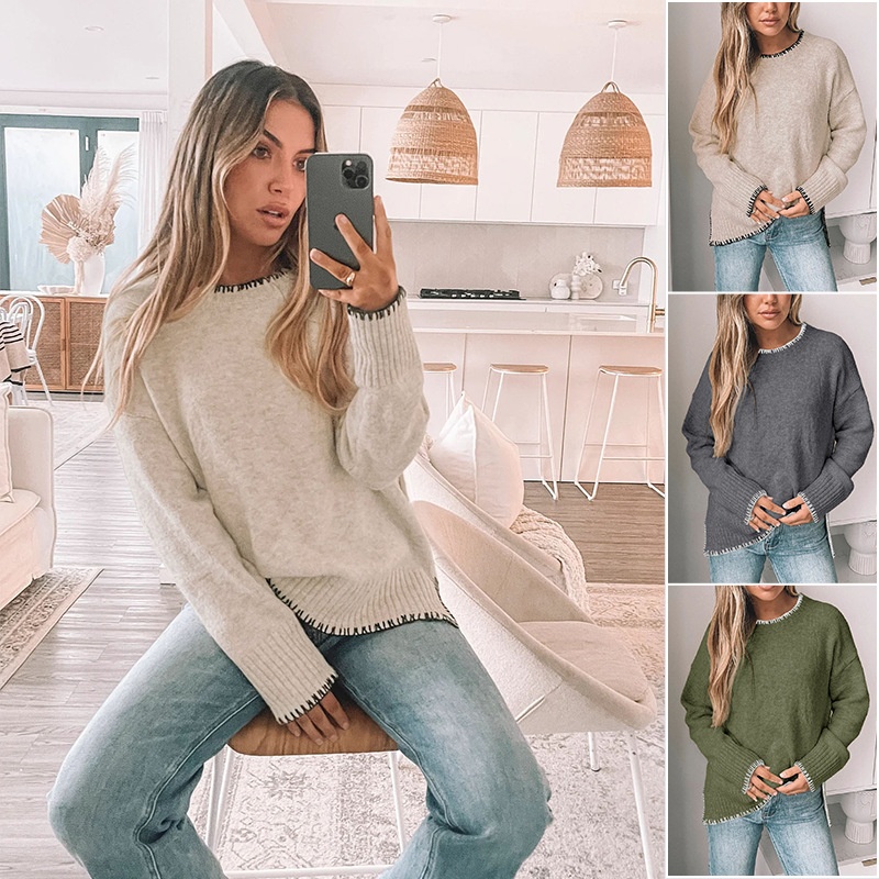 Women's Stitch Trim Knit Crewneck Pullover Sweater