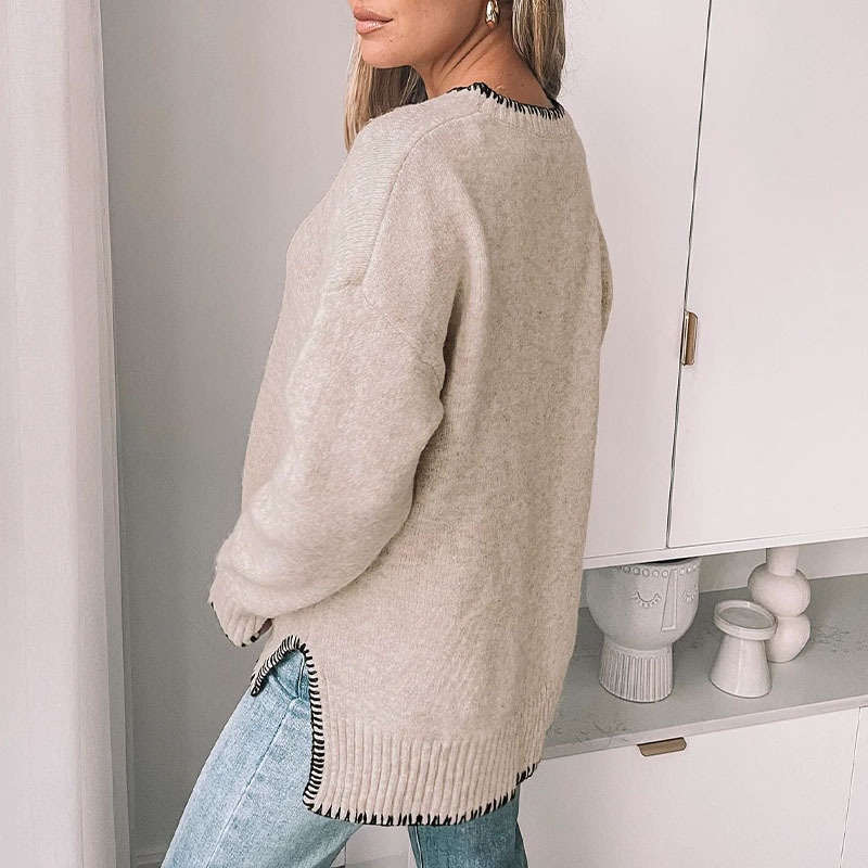 Women's Stitch Trim Knit Crewneck Pullover Sweater