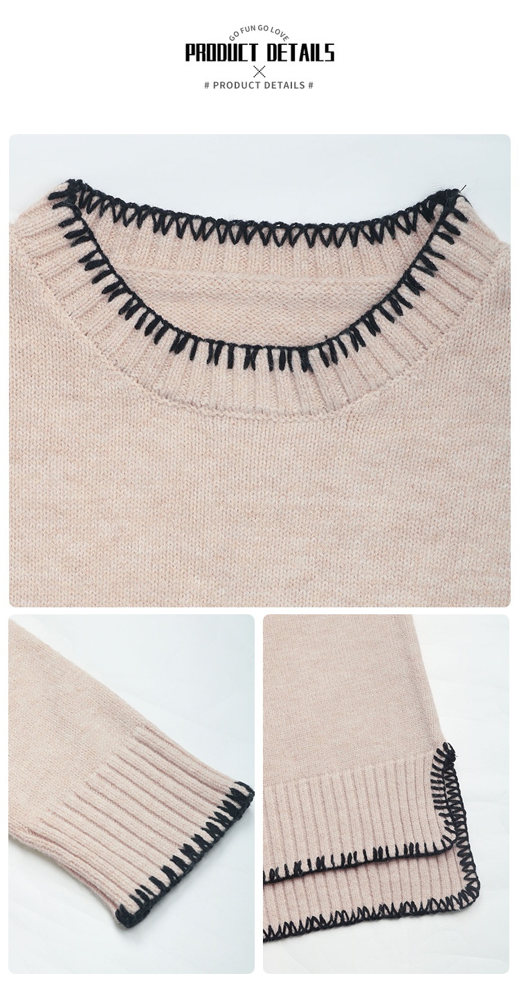Women's Stitch Trim Knit Crewneck Pullover Sweater