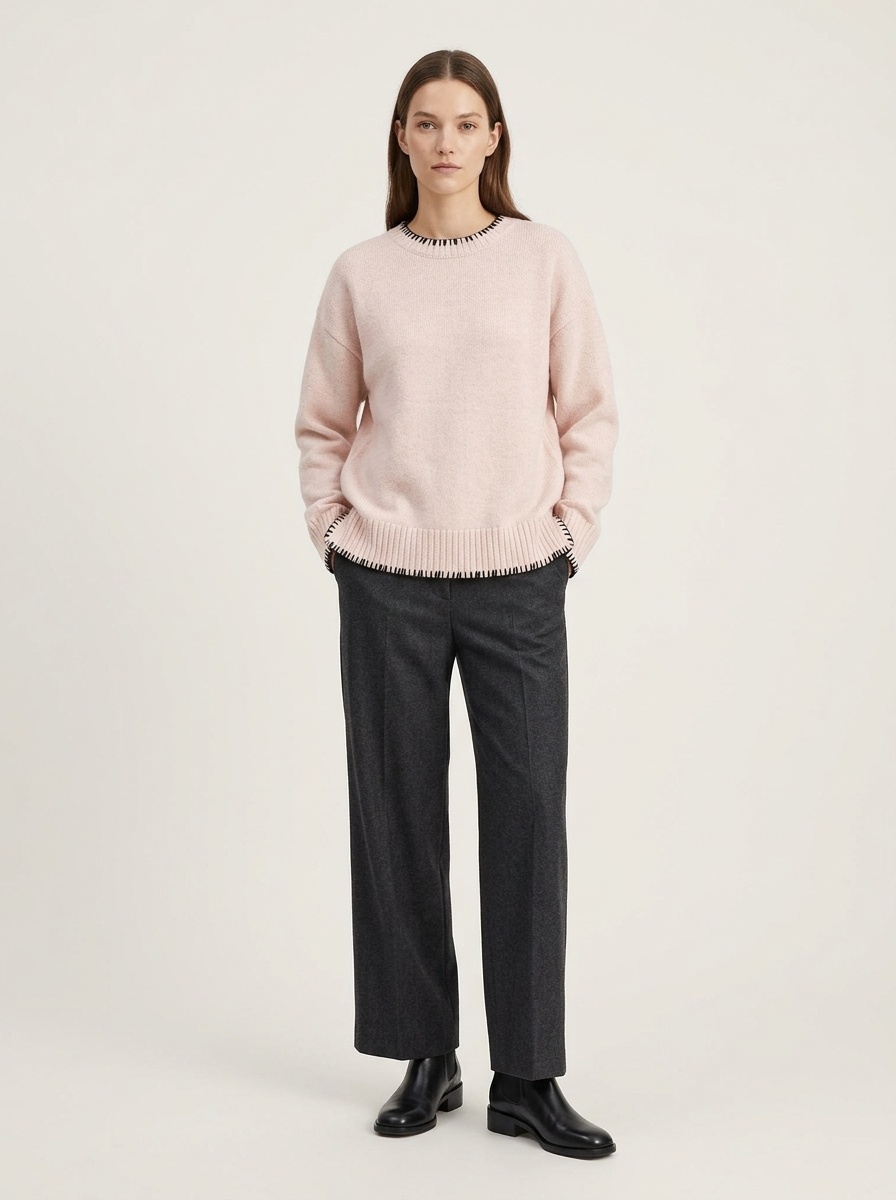 Women's Stitch Trim Knit Crewneck Pullover Sweater