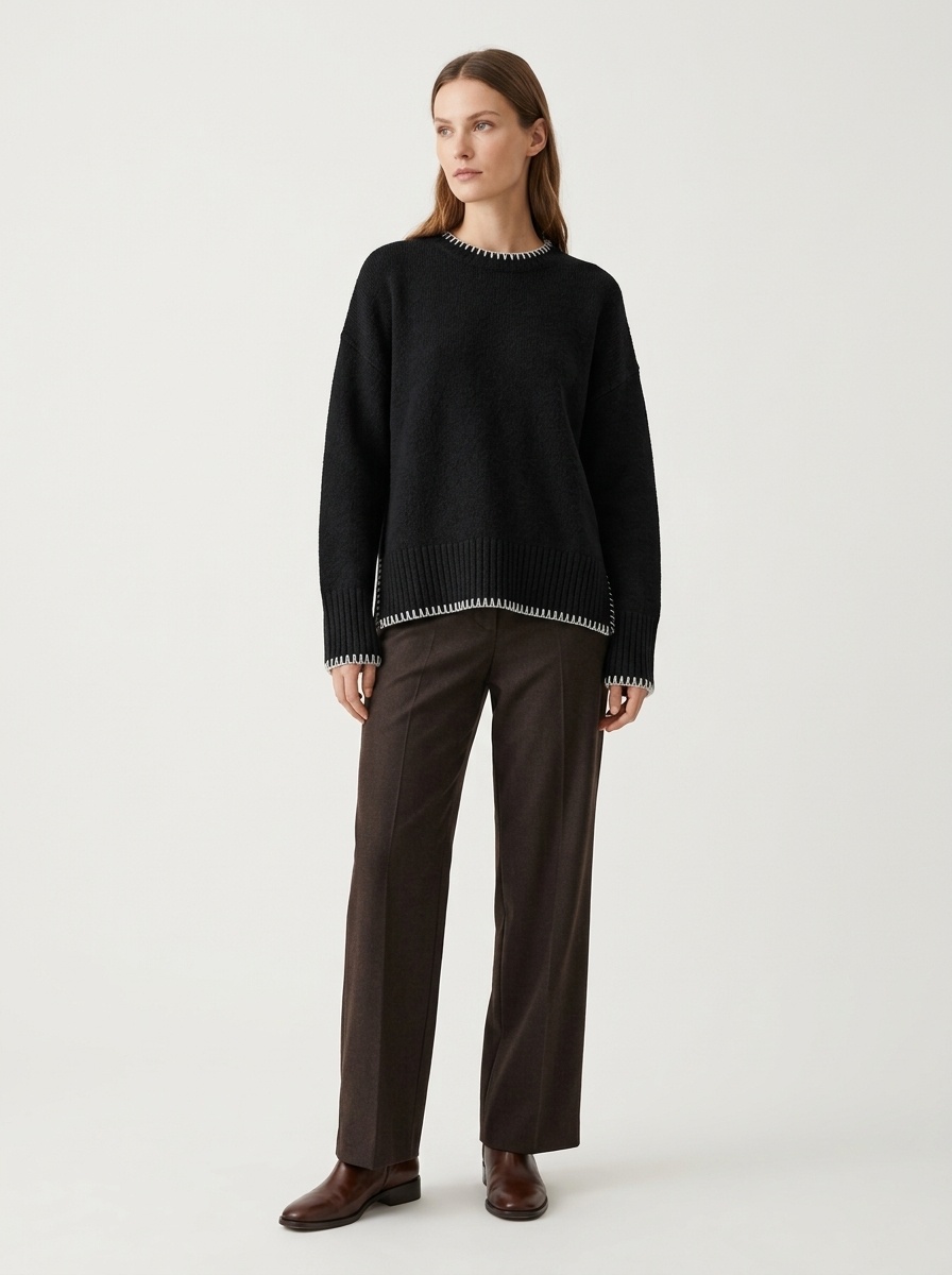 Women's Stitch Trim Knit Crewneck Pullover Sweater