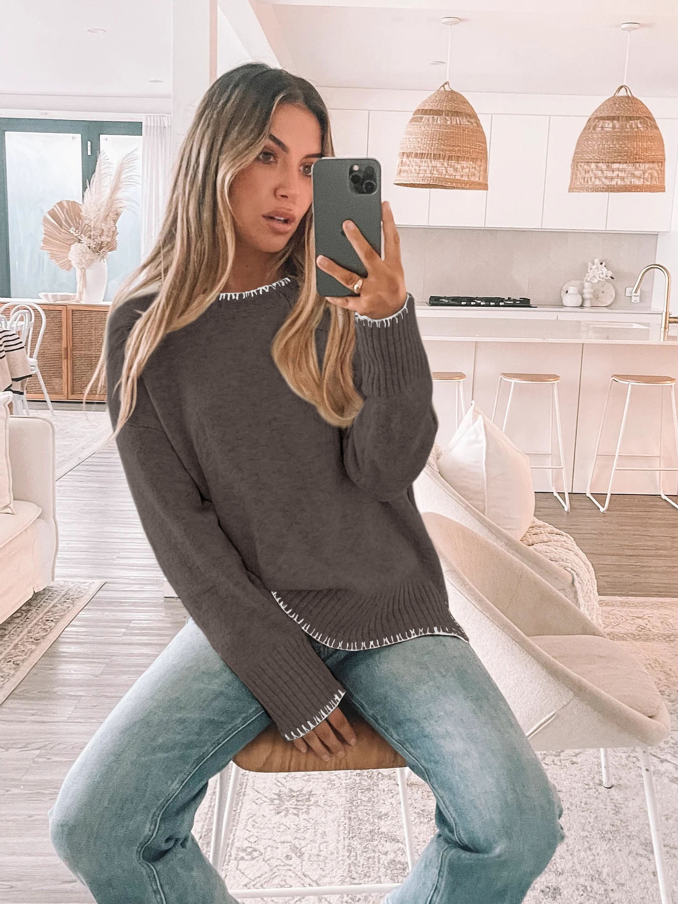 Women's Stitch Trim Knit Crewneck Pullover Sweater