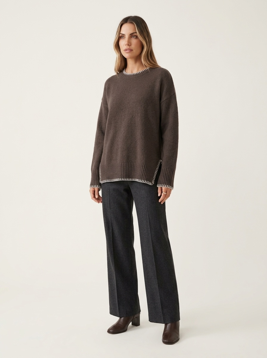 Women's Stitch Trim Knit Crewneck Pullover Sweater