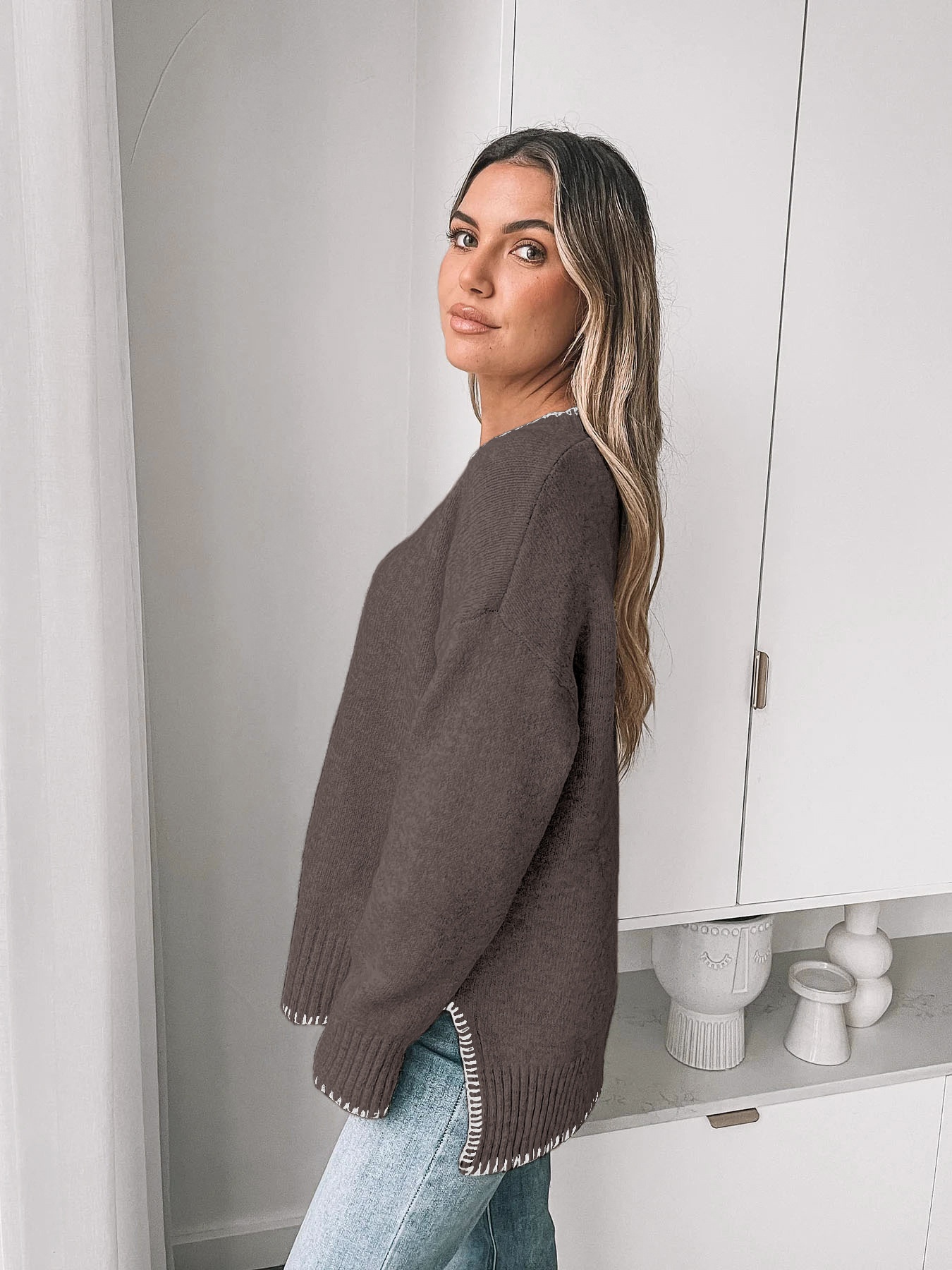 Women's Stitch Trim Knit Crewneck Pullover Sweater