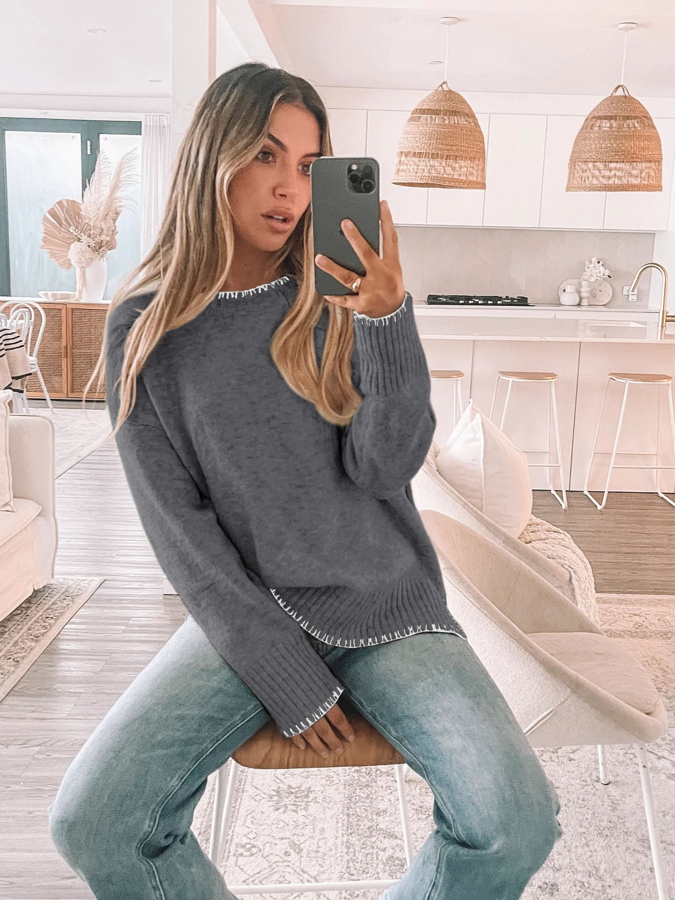 Women's Stitch Trim Knit Crewneck Pullover Sweater