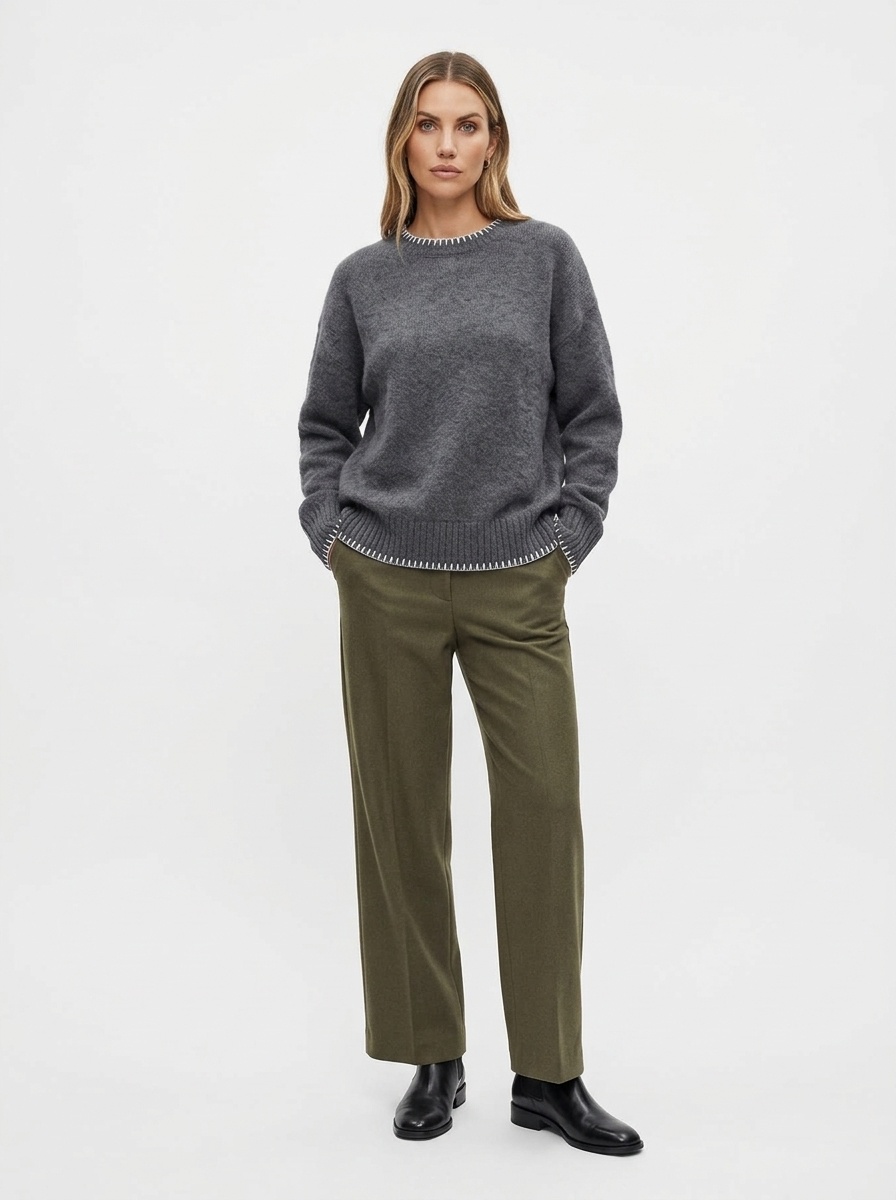 Women's Stitch Trim Knit Crewneck Pullover Sweater
