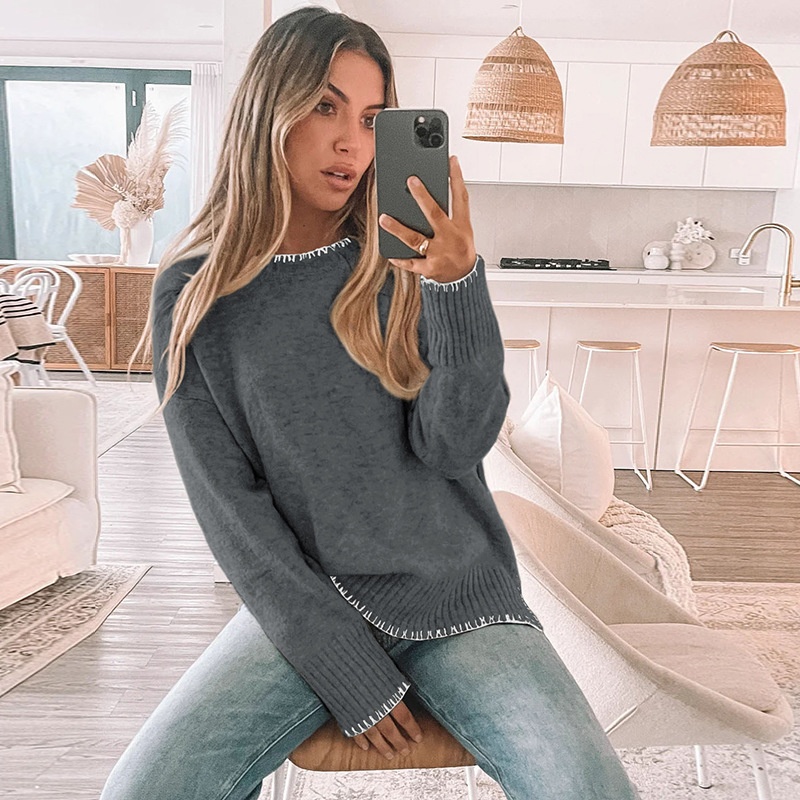 Women's Stitch Trim Knit Crewneck Pullover Sweater