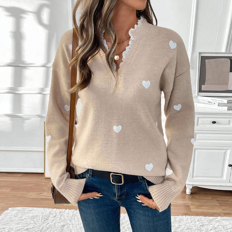Women's Heart Pattern Lace Trim V-Neck Knit Sweater
