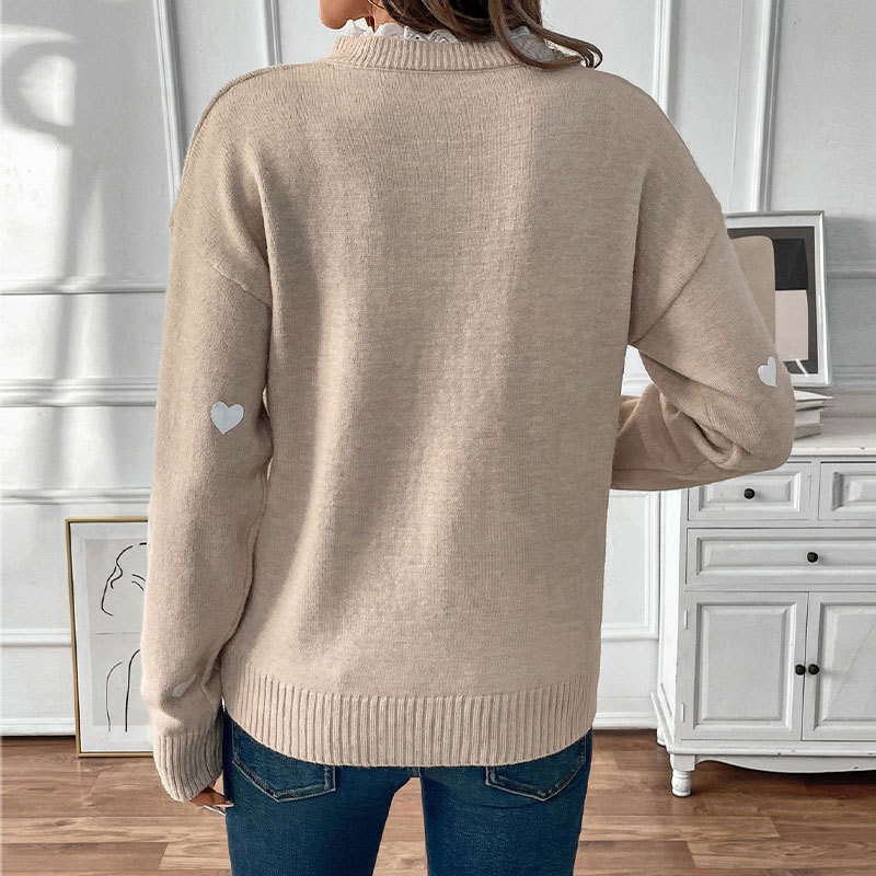Women's Heart Pattern Lace Trim V-Neck Knit Sweater