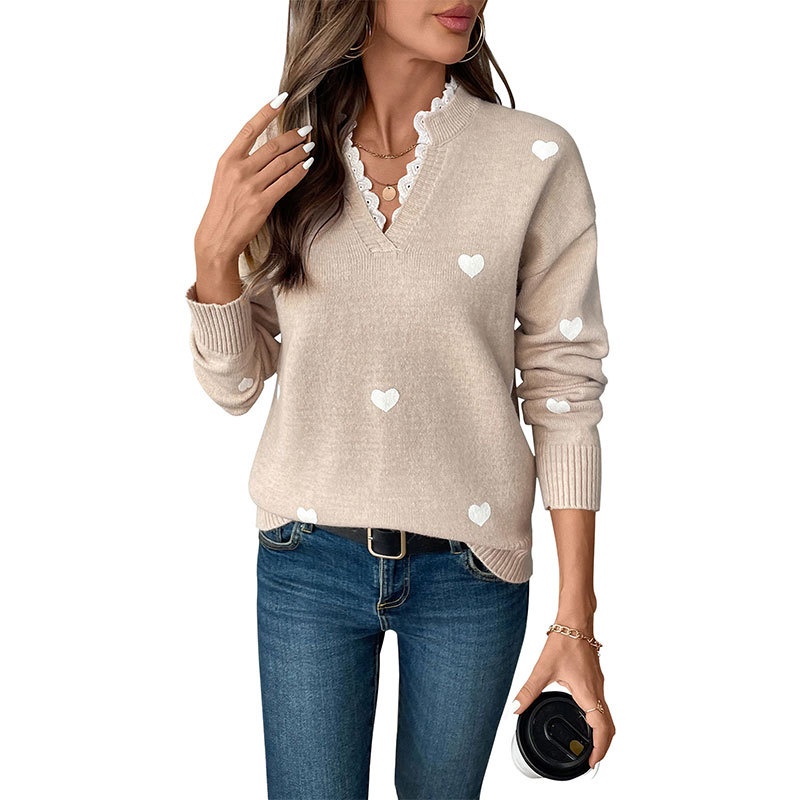 Women's Heart Pattern Lace Trim V-Neck Knit Sweater