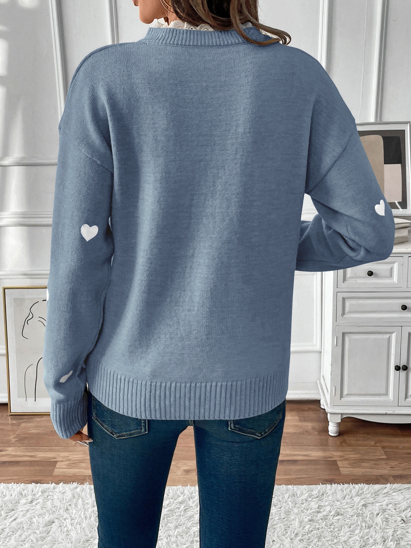 Women's Heart Pattern Lace Trim V-Neck Knit Sweater