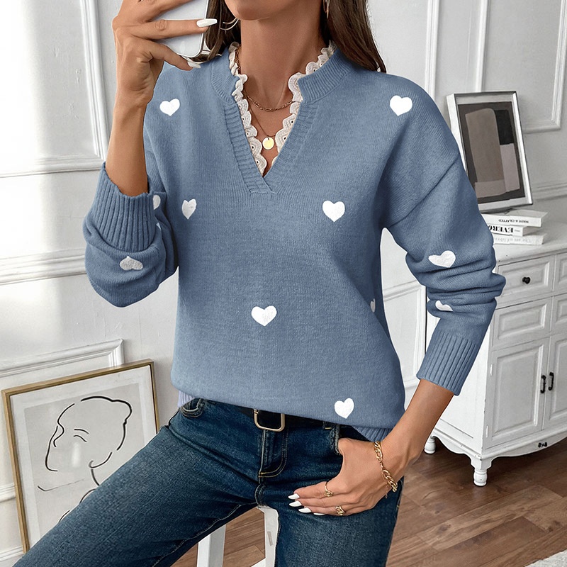Women's Heart Pattern Lace Trim V-Neck Knit Sweater