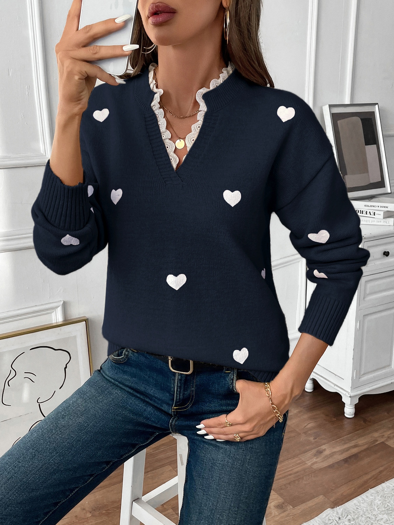 Women's Heart Pattern Lace Trim V-Neck Knit Sweater