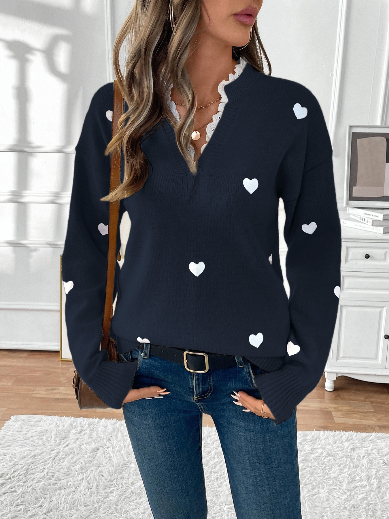 Women's Heart Pattern Lace Trim V-Neck Knit Sweater