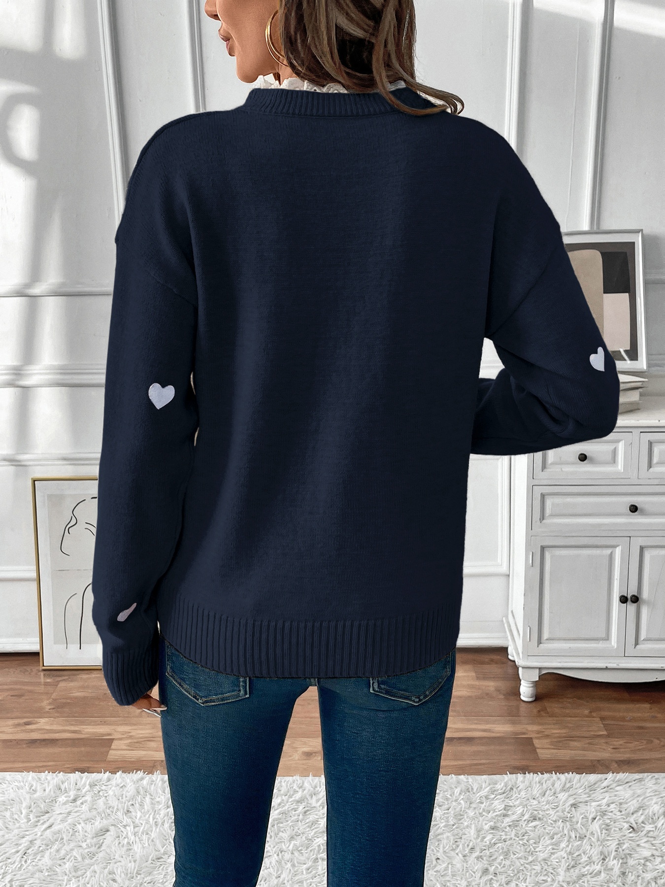 Women's Heart Pattern Lace Trim V-Neck Knit Sweater