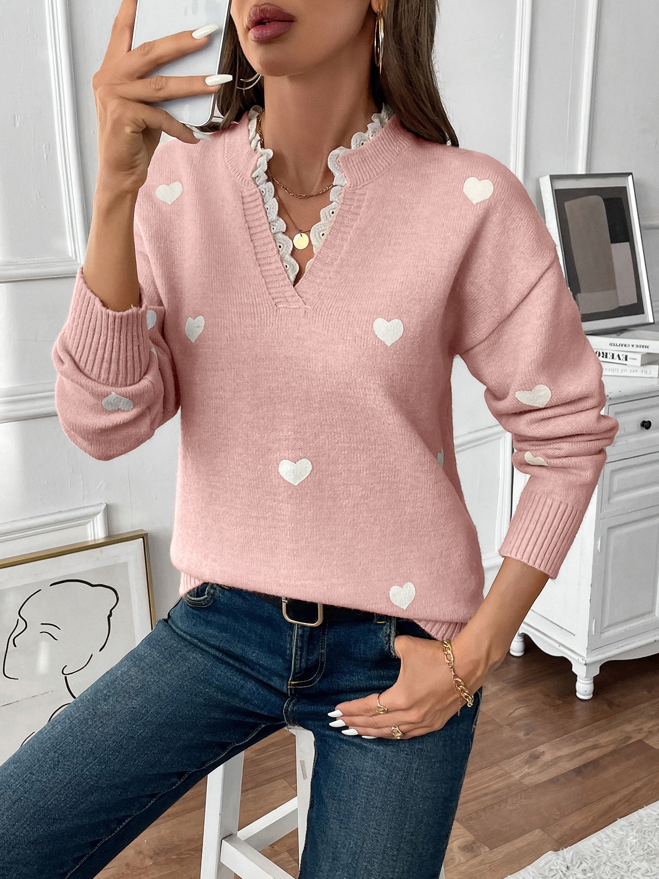 Women's Heart Pattern Lace Trim V-Neck Knit Sweater