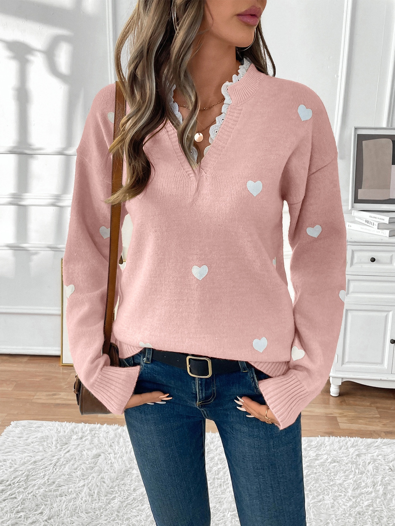 Women's Heart Pattern Lace Trim V-Neck Knit Sweater