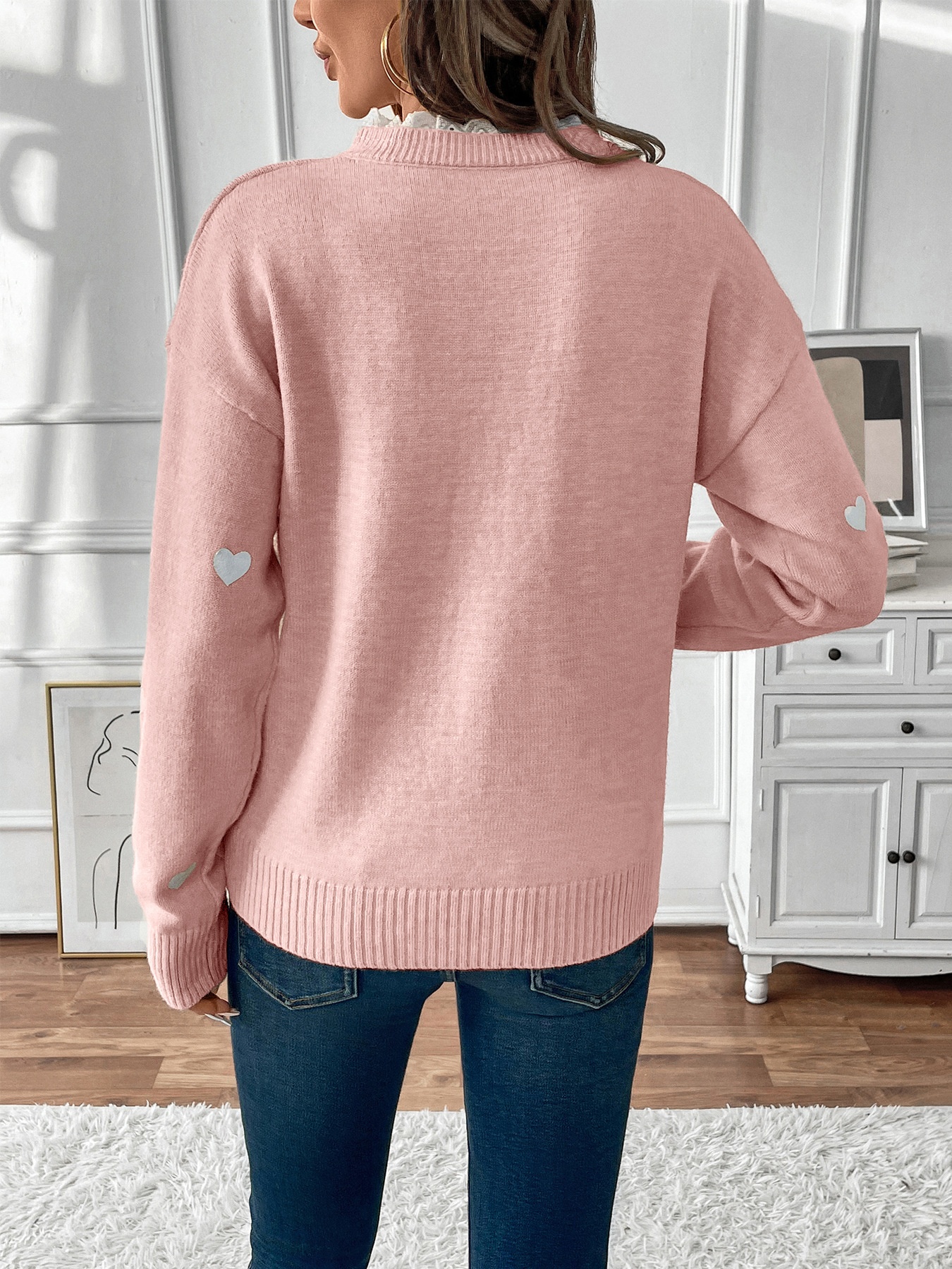 Women's Heart Pattern Lace Trim V-Neck Knit Sweater