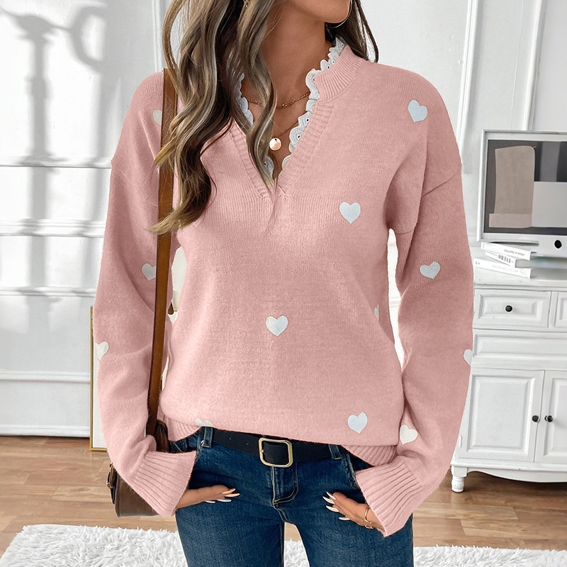 Women's Heart Pattern Lace Trim V-Neck Knit Sweater